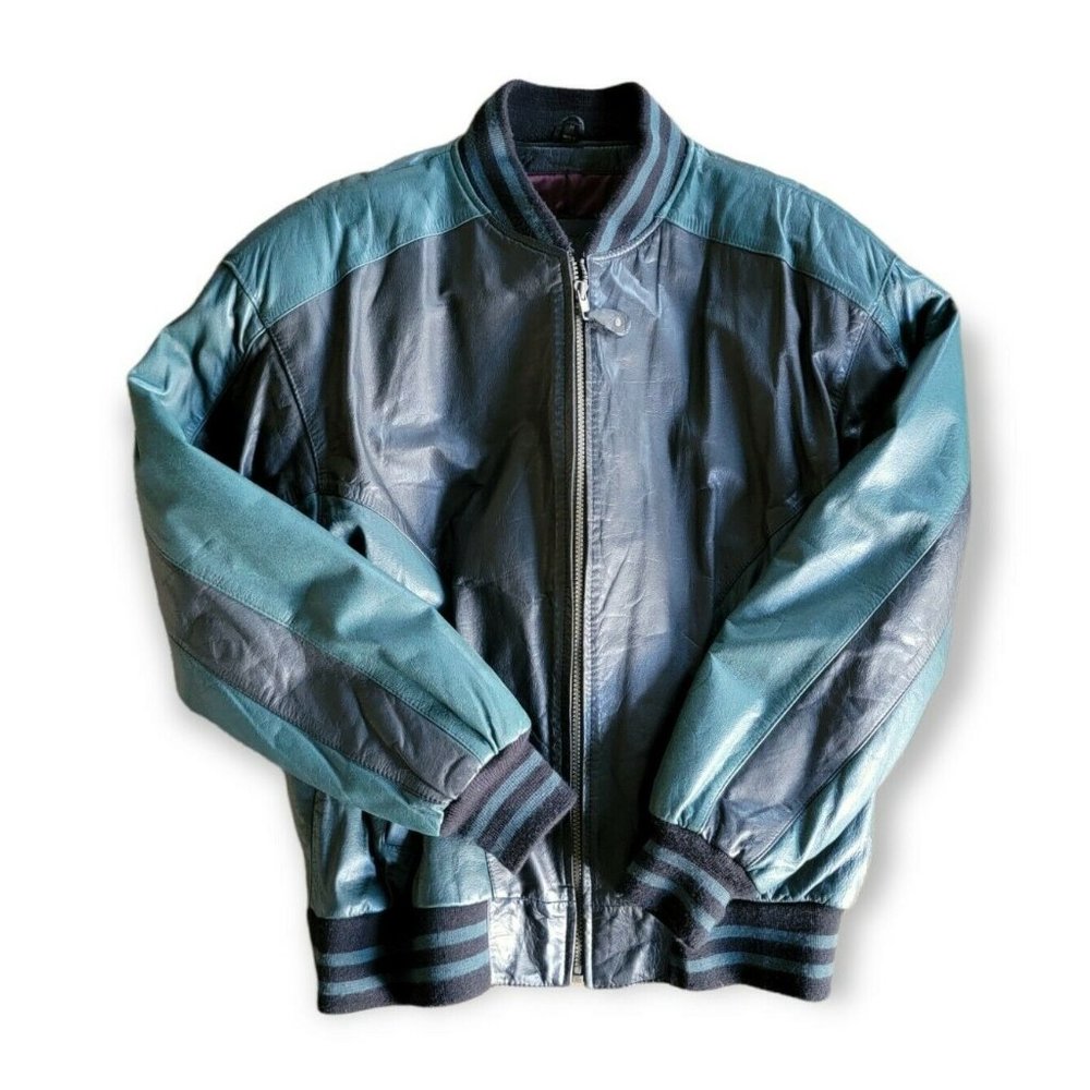 Vintage Toma Mens Leather Jacket Green Black Bomber Medium